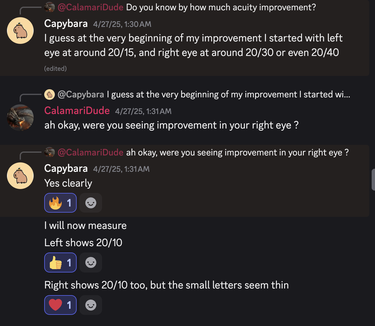 Discord conversation showing eyesight improvement testimonial